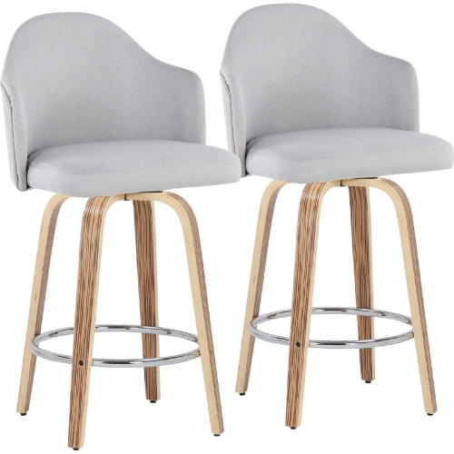 Ahoy 26" Counter Stool in Light Grey Fabric, Zebra Wood & Chrome Metal (Set of 2)